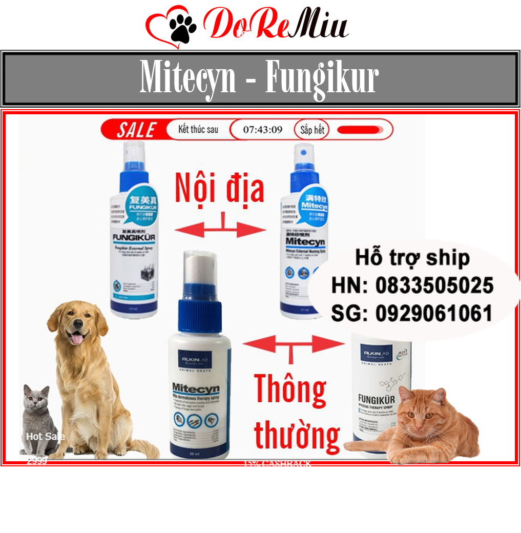 Doremiu- Fungikur (Anh quốc) Xịt Ve rận bọ chét trên chó mèo Xịt nấm viêm da trên thú cưng