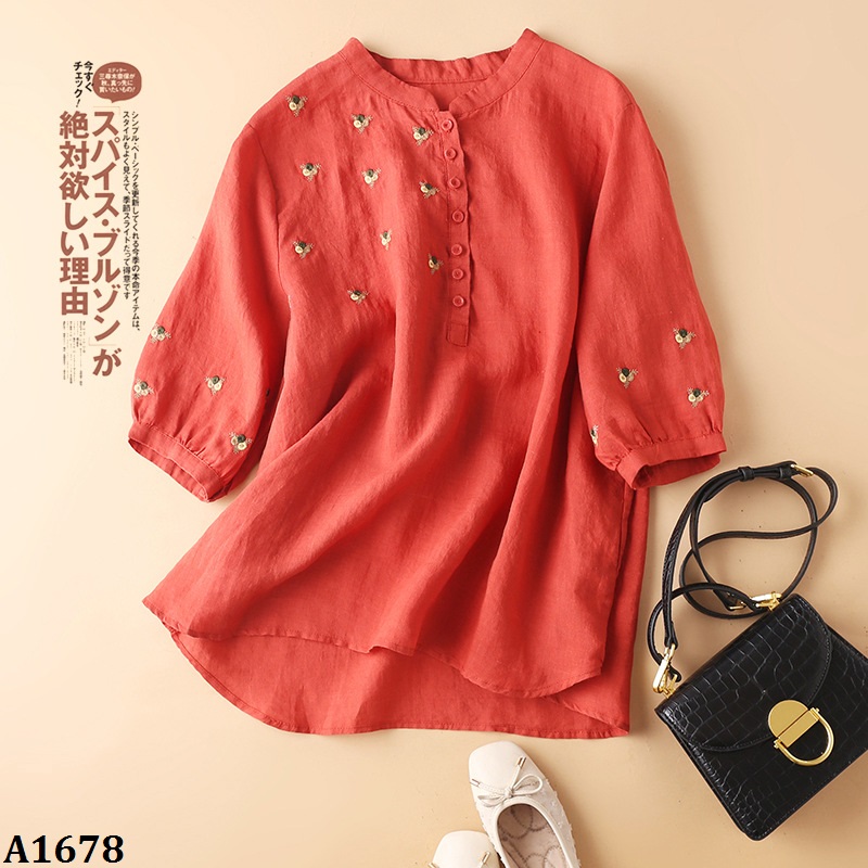 [HCM]A1678-Áo Linen Thêu Điểm Nghệ Thuật