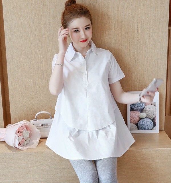 Áo bầu sơ mi cộc tay trắng xếp tầng xinh xắn - Đồ bầu HaiNa