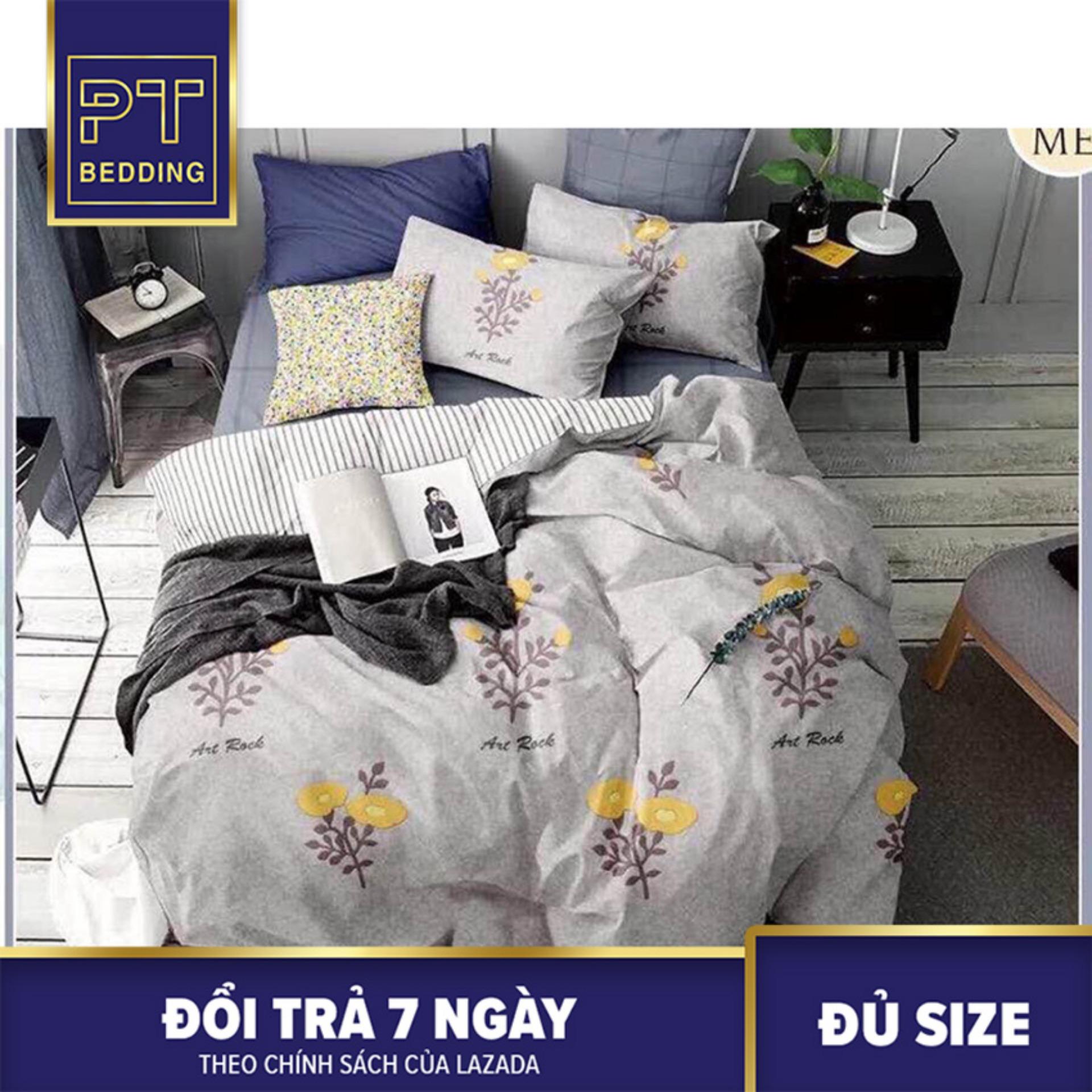 Bộ Chăn Ga Gối ( 01 Drap + 1 vỏ mền + 2 áo gối ) Màu Ghi Họa Tiết Bông Hoa Vàng