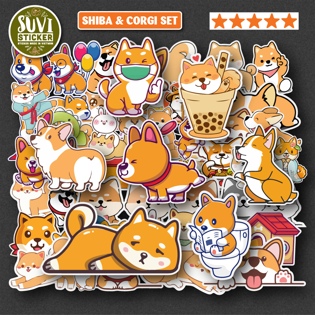 Sticker Shiba và Corgi chống nước dán laptop, điện thoại, đàn guitar, mũ bảo hiểm