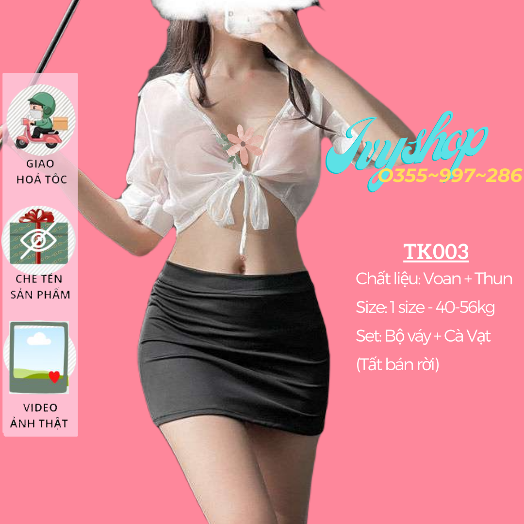 Bộ đồ ngủ nữ cosplay sexy tiếp viên gợi cảm, thư kí dam dang, áo croptop + váy ngủ bó sát TK003 TKVN