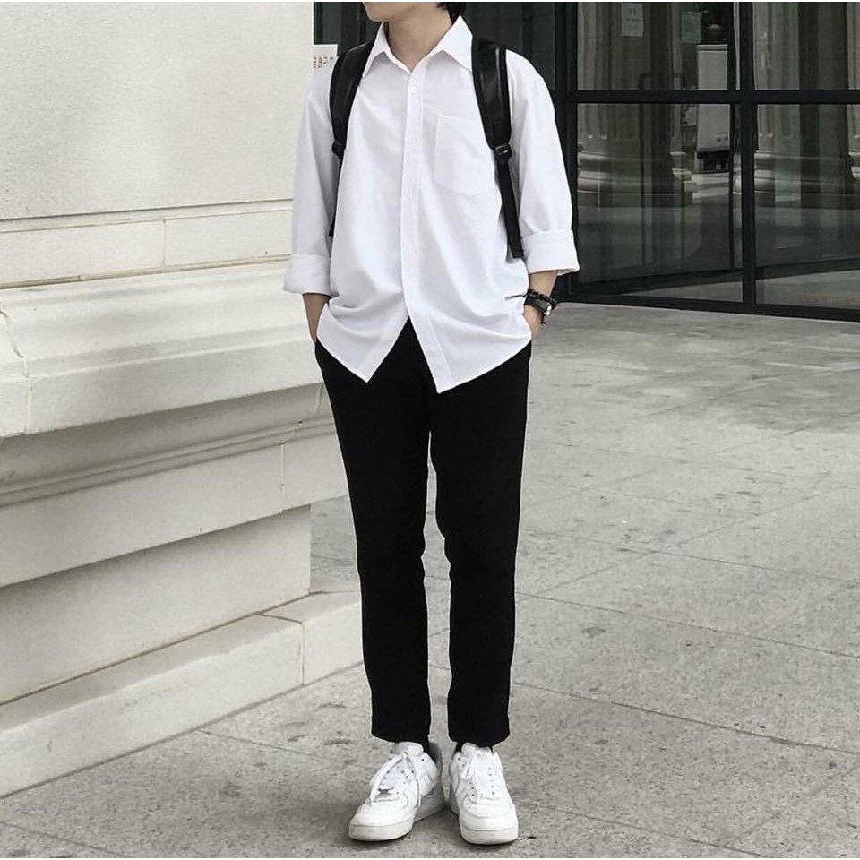 [HCM]Áo Sơ Mi Trắng Tay Dài Túi Basic Phong Cách Unisex BC047