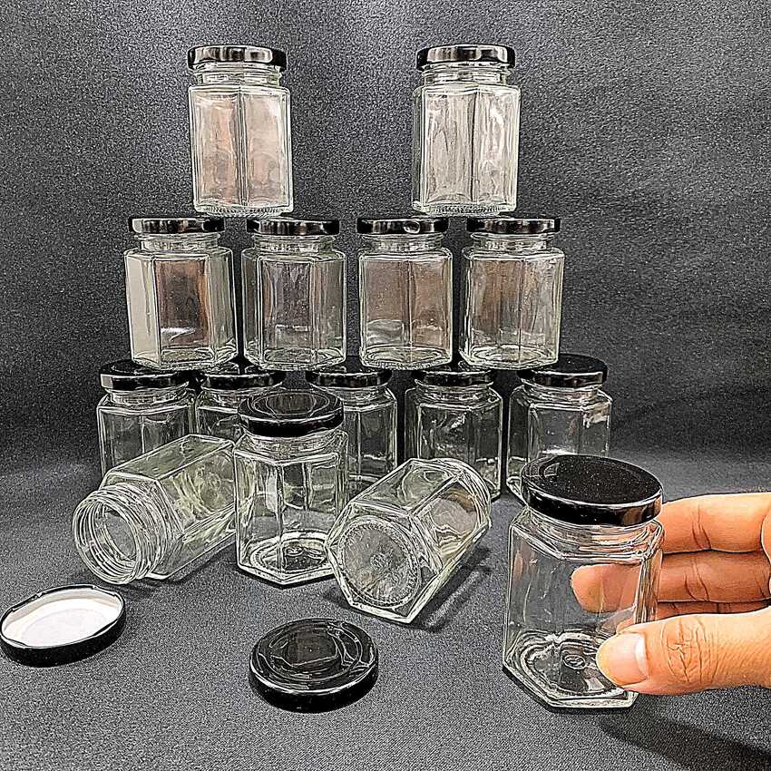 Hexagon pot 100ml – Black tin cap - combo 15 pots/jars