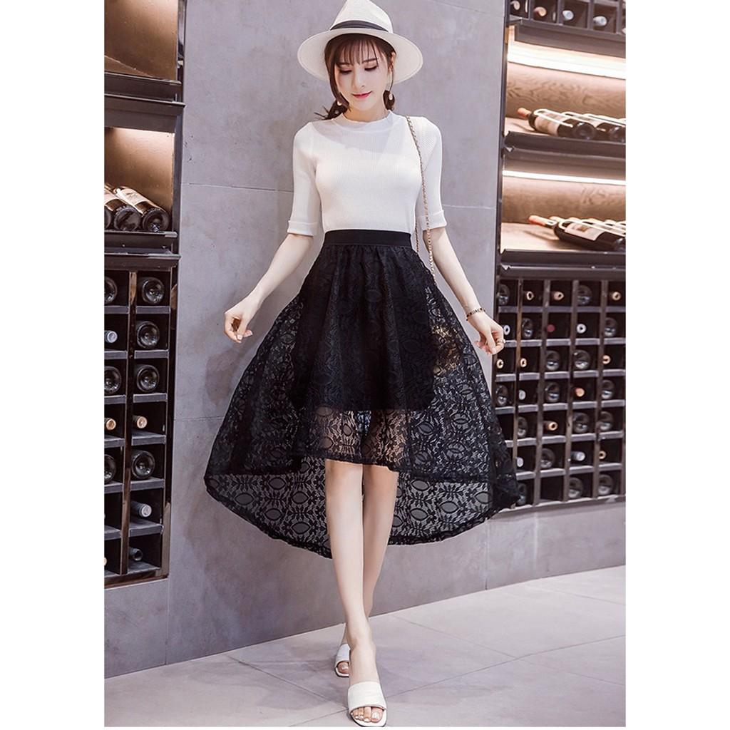 Chân váy ren dáng xòe vạt chéo