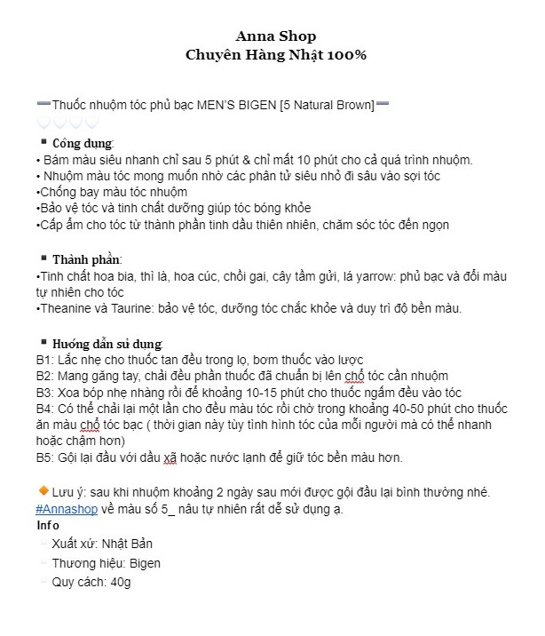 [HCM]Nhuộm tóc phủ bạc MEN’S BIGEN (5 Natural Brown)