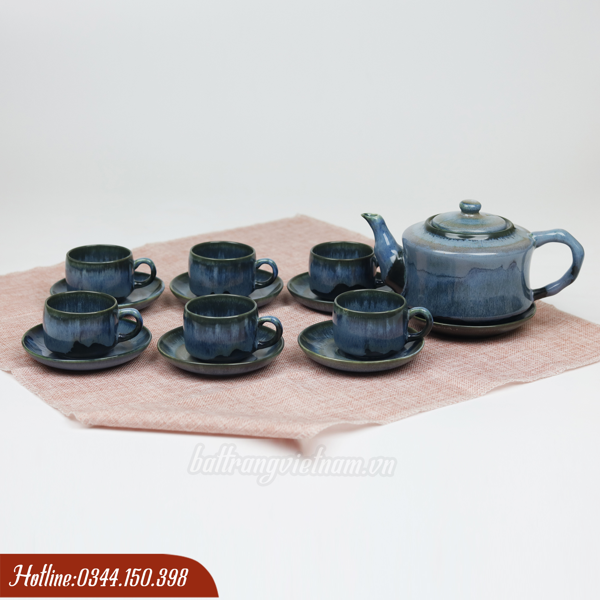 Bộ ấm chén men hỏa biến Bát Tràng màu xanh đá 2