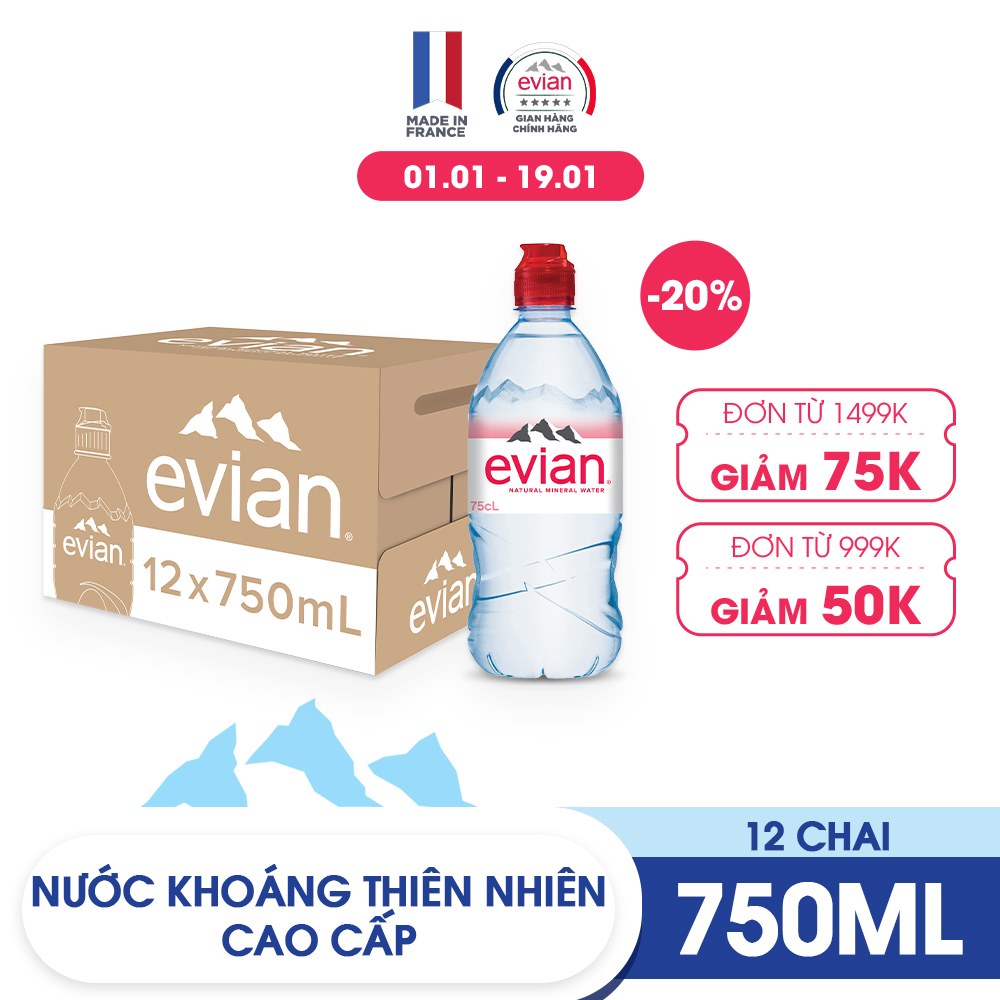 Thùng 12 chai nước khoáng thiên nhiên Evian 750ml 750ml x 12 - Nắp thể thao