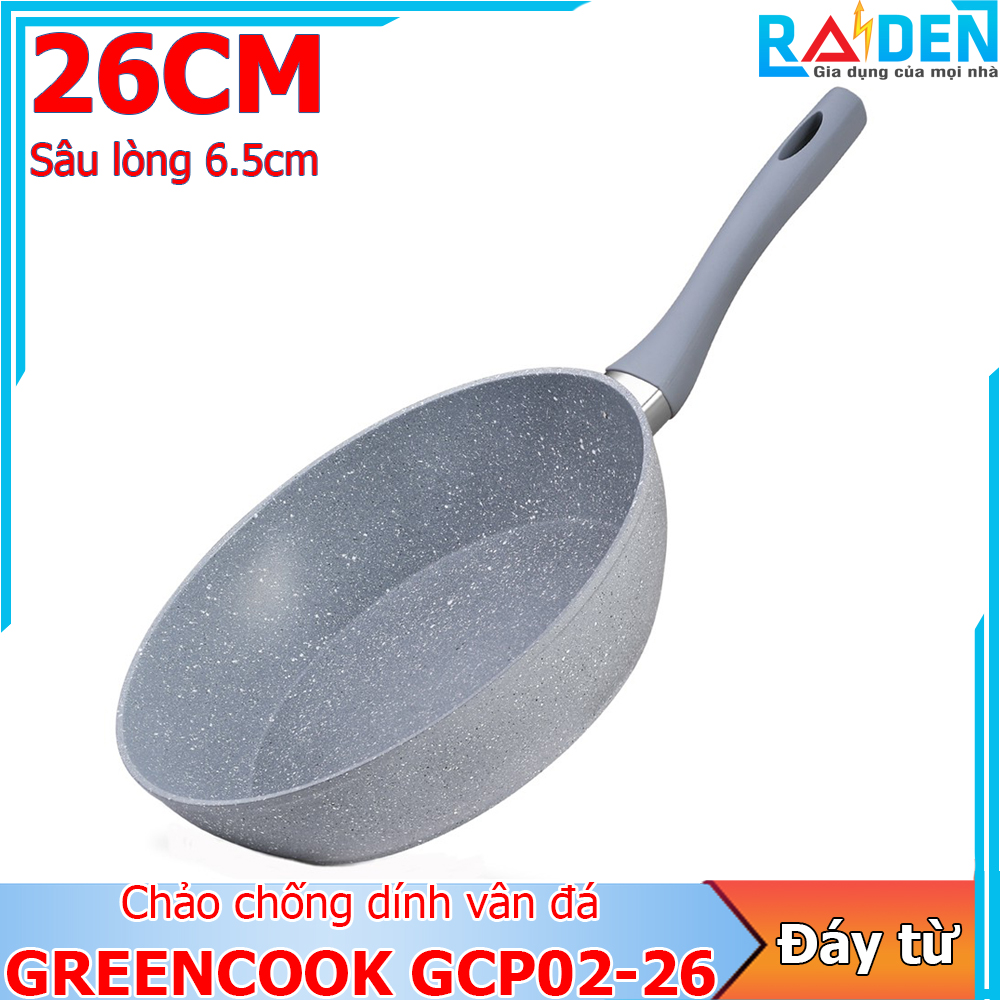 [HÀNG CHÍNH HÃNG] Chảo chống dính vân đá đáy từ Greencook GCP02-26 size 26cm dùng được trên bếp gas, bếp hồng ngoại, bếp từ, bếp than, bếp củi