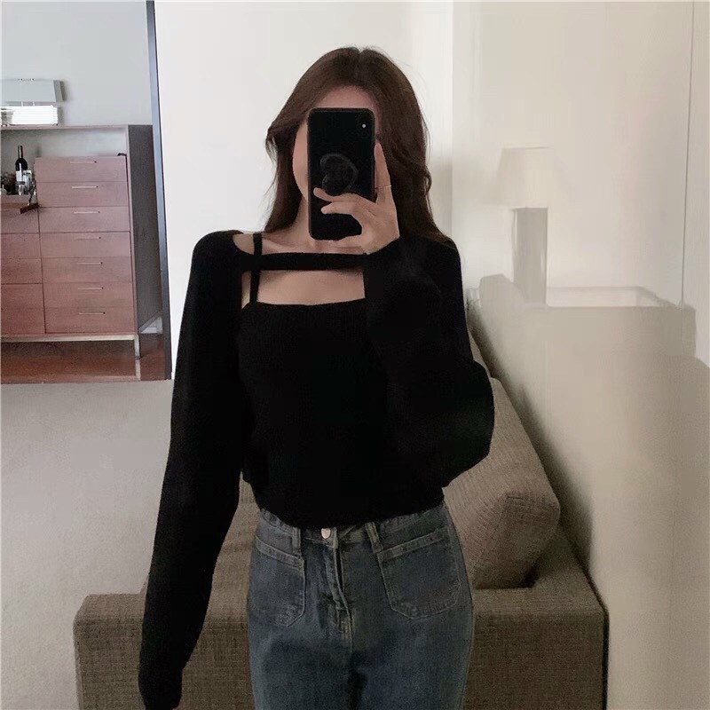 Set len áo 2 dây + cardigan dây cổ độc đáo. Bigsize