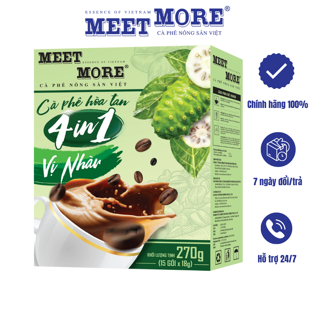 Hộp Cà Phê Hòa Tan Vị Nhàu Meet More (15 Gói/ 18 Gram) - Không Say, Không Mất Ngủ