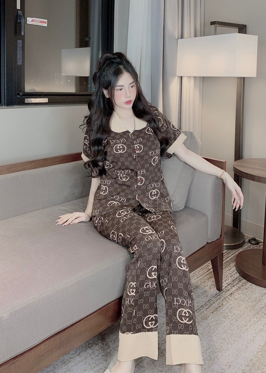 Đồ ngủ nữ pijama lụa bộ ngủ mặc nhà tiểu thư tay ngắn quần dài cute dễ thương , Bộ pijama Cổ sen 2 lá tay ngắn quần dài