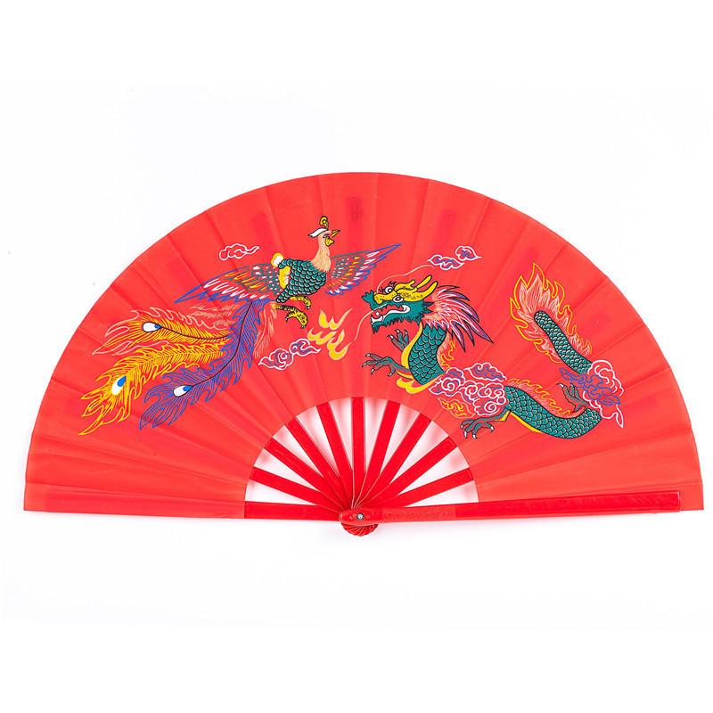 Quạt lụa rồng phượng nan nhựa nền đỏ Võ thuật Thái cực Kung Fu Quạt xếp cầm tay phong cách cổ trang Trung Quốc