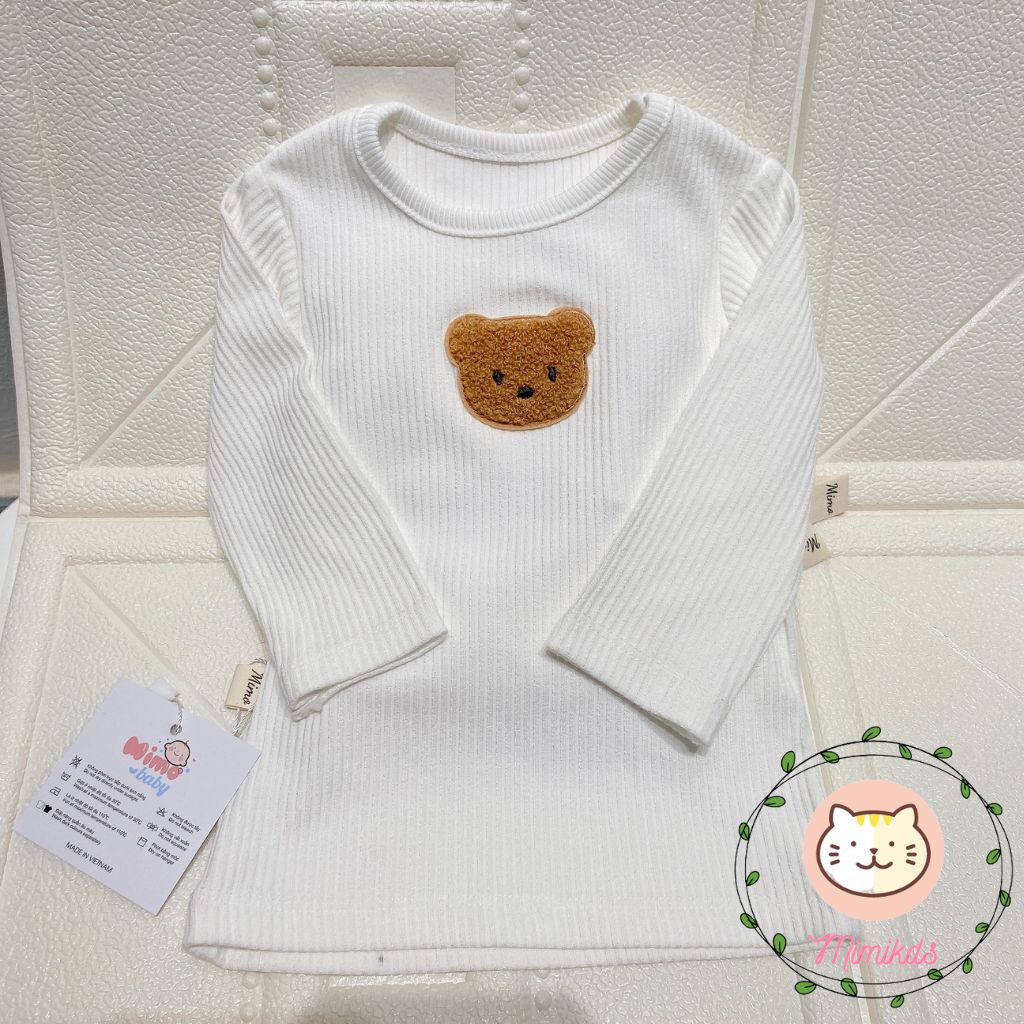 Áo dài tay đính gấu chất cotton cho bé trai , bé gái 2 màu trắng và nâu cho bé Mimikids QA32