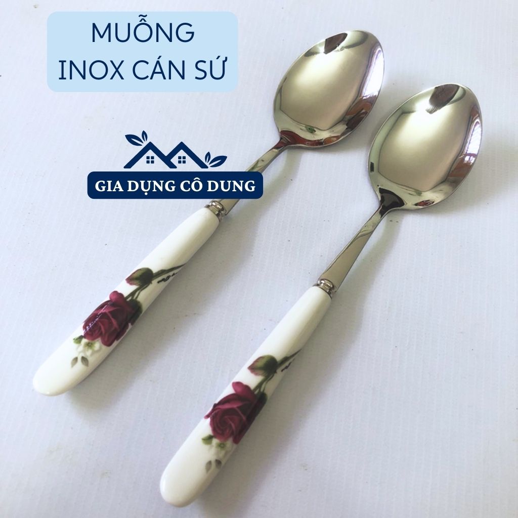 Muỗng/Thìa inox cán sứ in hoa văn