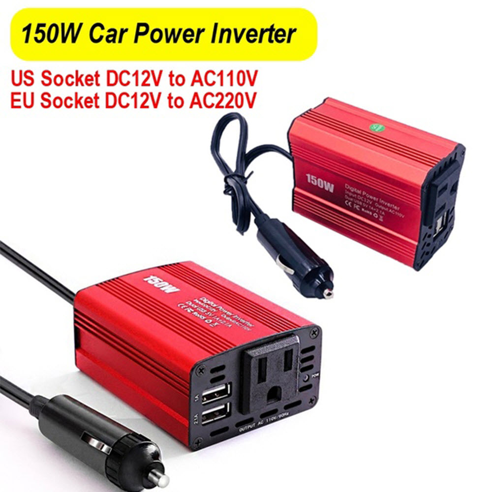 Bộ Adapter Chuyển Nguồn Dùng Trên Ô Tô 12V ra 110V/220V Công suất 150W Kèm 2 Cổng USB 1A và 2A Cắm Cổng Sạc