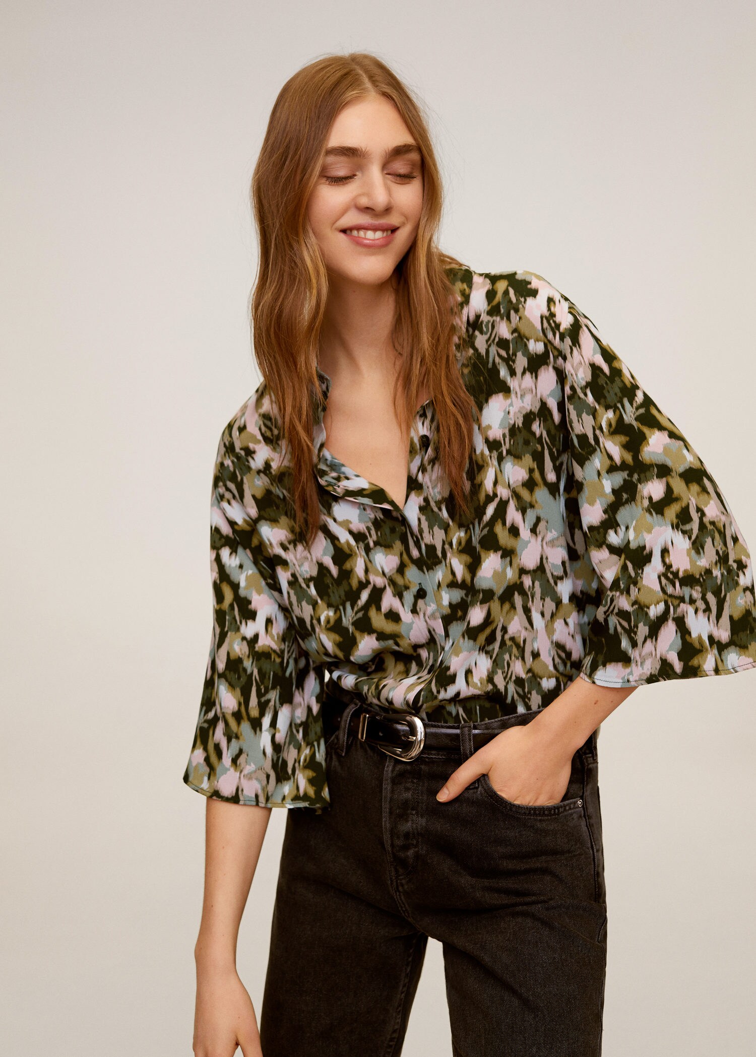 Áo Blouse Nữ Mango Print Blouse Khaki