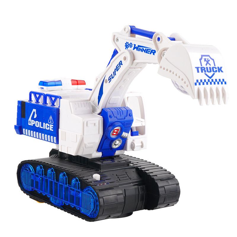 Đồ chơi máy xúc cảnh sát biến hình robot, xe máy xúc biến hình có nhạc, có đèn, xoay 360 độ cho bé