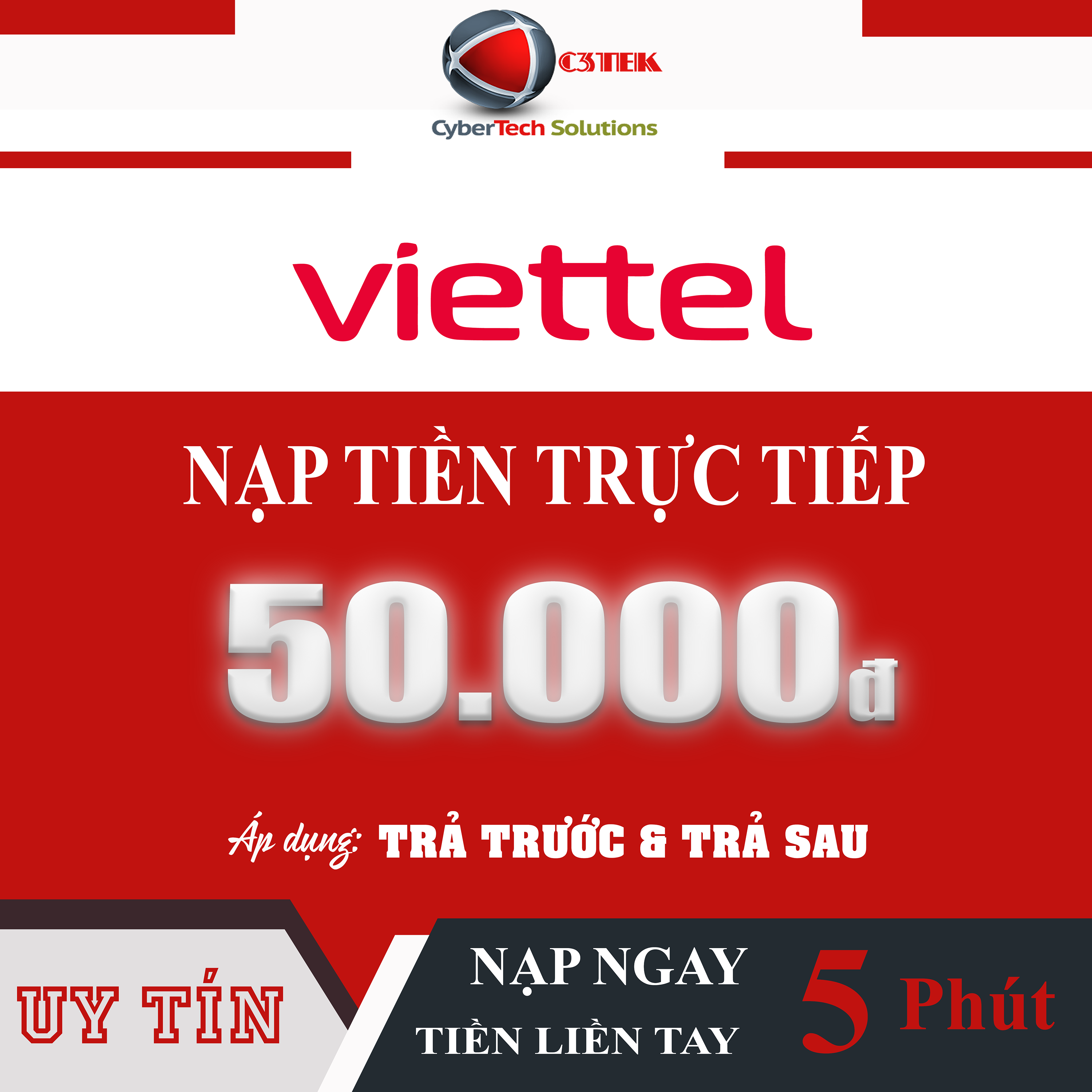 [C3TEK] Nạp tiền VIETTEL 50K (Nạp Thẻ Trực Tiếp vào thuê bao - Không cần OTP) - Áp dụng cho cả trả trước & trả sau