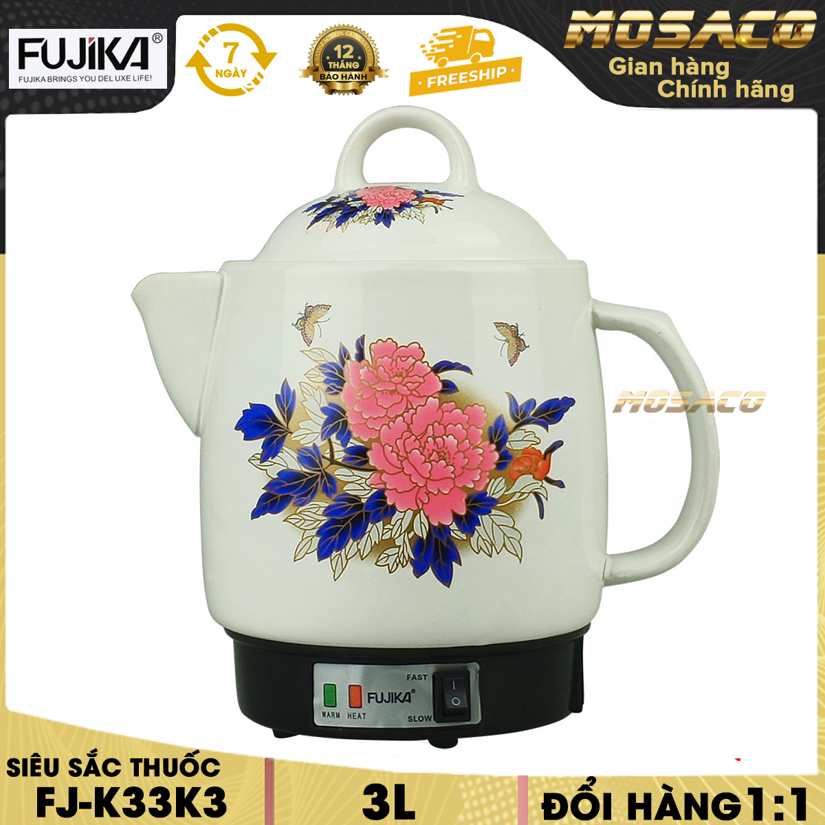 Siêu sắc thuốc fujika fj-k33k3 3l. ấm sắc thuốc 450w chất liệu siêu thuốc gốm sứ chống dính chế độ ngắt tự động, có đèn báo chức năng sắc thuốc, hâm nóng, - mosaco gia dụng