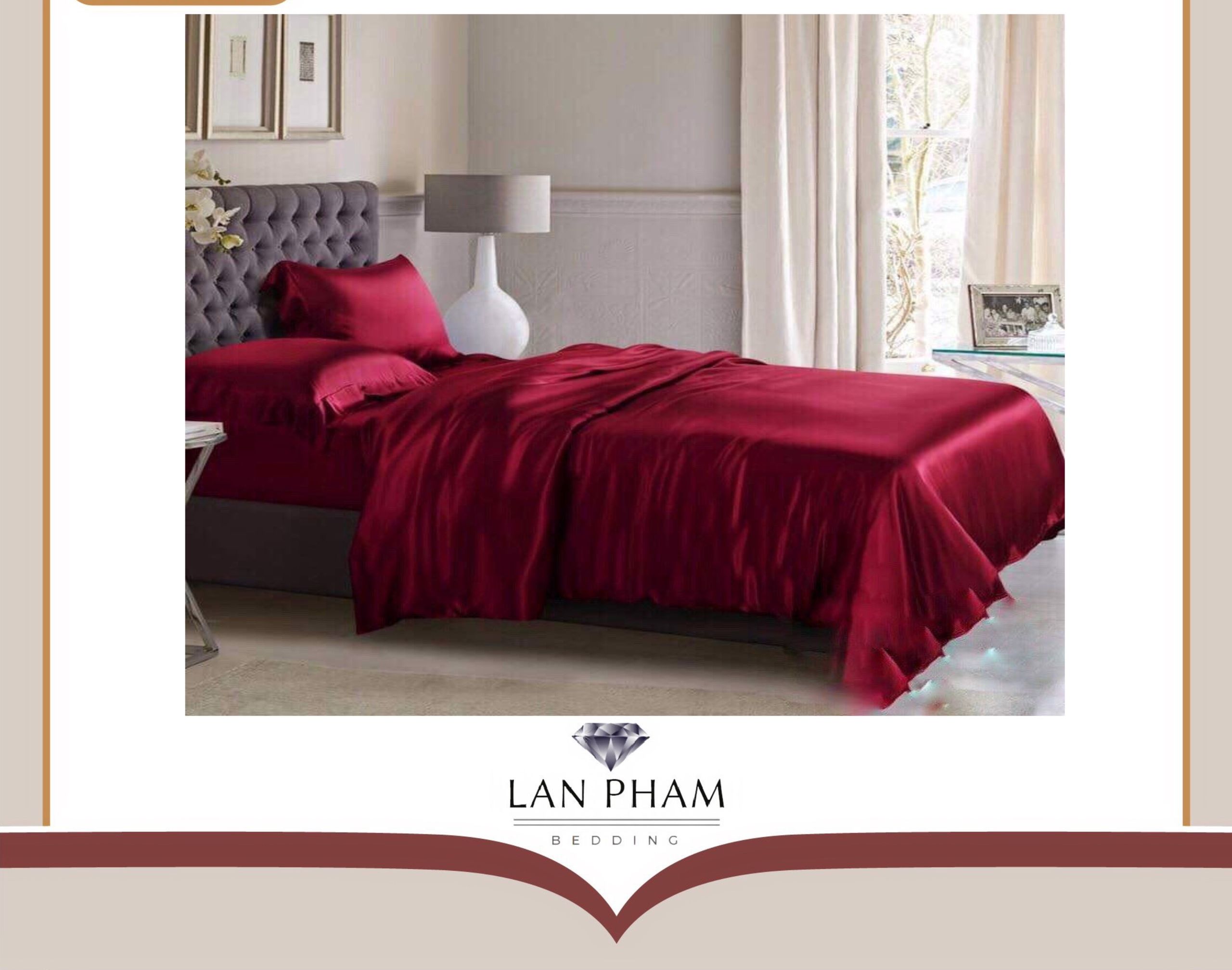 ( Lụa Loại 1) Bộ 5 Món Chăn Ga Gối Phi Lụa Lan Pham Bedding Hàng Loại 1 Mát Mịn - Đỏ Đô