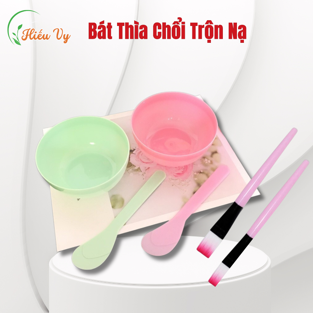 Combo bát nhựa + thìa nhựa + chổi cán nhựa trộn, đắp mặt nạ