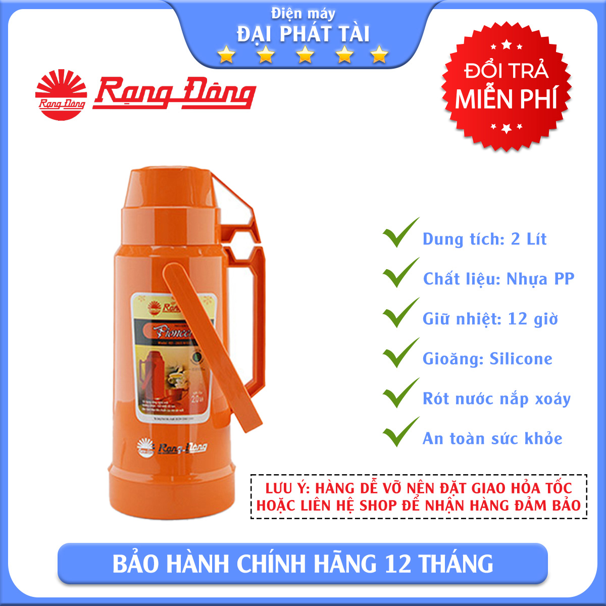 CHỈ GIAO Ở TP HCM Phích nước Rạng Đông 2 Lít RD 2035 N10.E (cam)