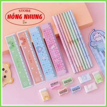 [ Sale Lớn] Bộ Combo Học Tập Xinh Xắn ( 2 Bút Chì, 1 Cục Gôm, 1 Thước, 1 Đồ Chuốt)