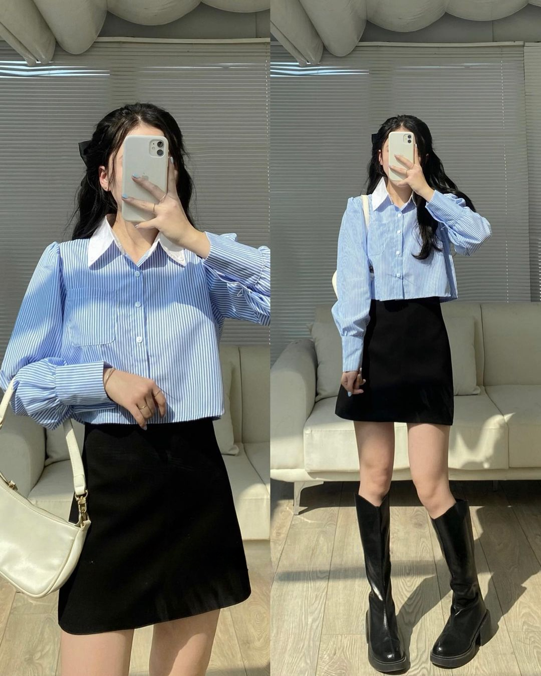 Áo sơ mi croptop màu xanh mix cổ trắng dáng ngắn siêu xinh