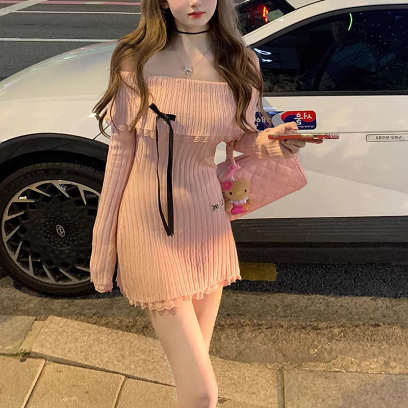 Mengxiang ▏ váy tình yêu đầu tiên của suzy váy liền dệt kim chít eo trễ vai màu hồng váy thuần khiết mùa thu cho nữ