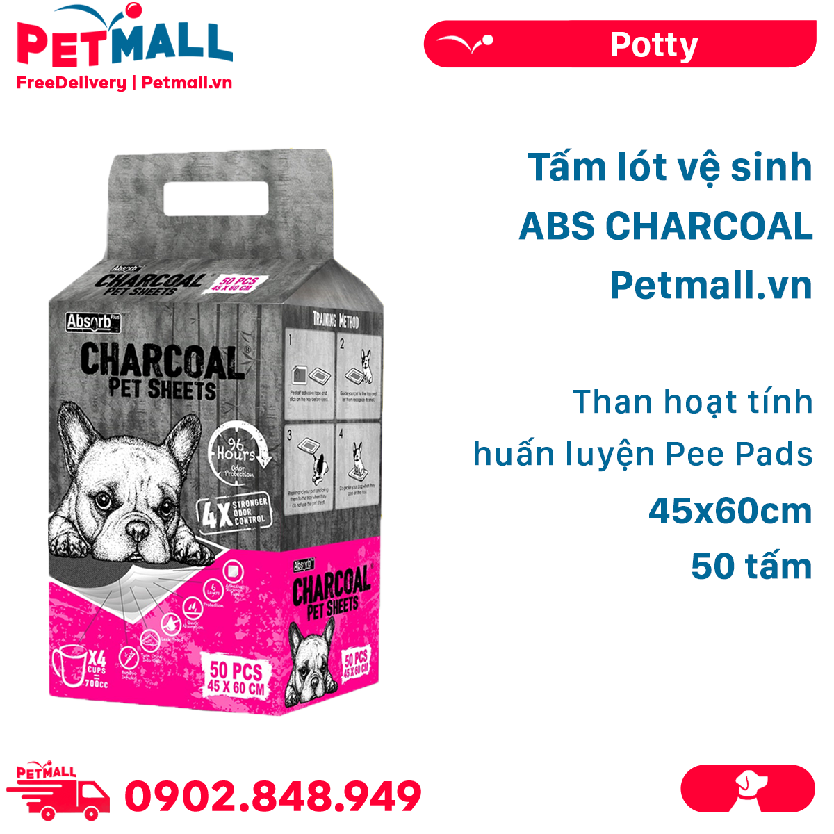 Tấm lót vệ sinh ABS CHARCOAL 45x60cm - 50 tấm than hoạt tính huấn luyện Pee Pads Petmall
