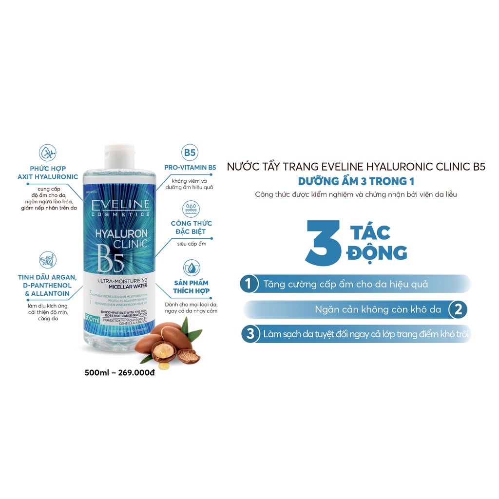 Nước Tẩy Trang Eveline Hyaluron Clinic B5 500ml