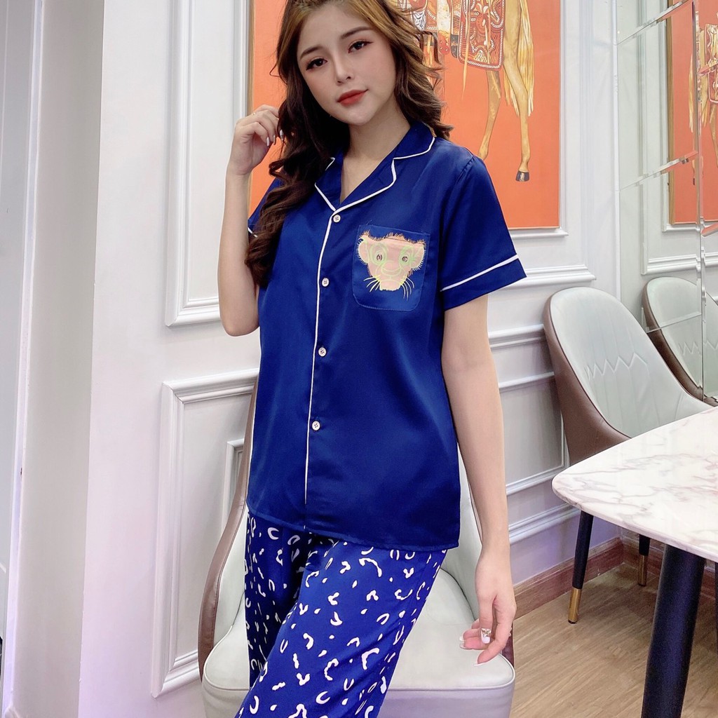 Bộ Đồ Nữ Mặc Nhà Áo Cộc Quần Dài Chất Lụa Satin Mát Nhẹ Mềm Mại