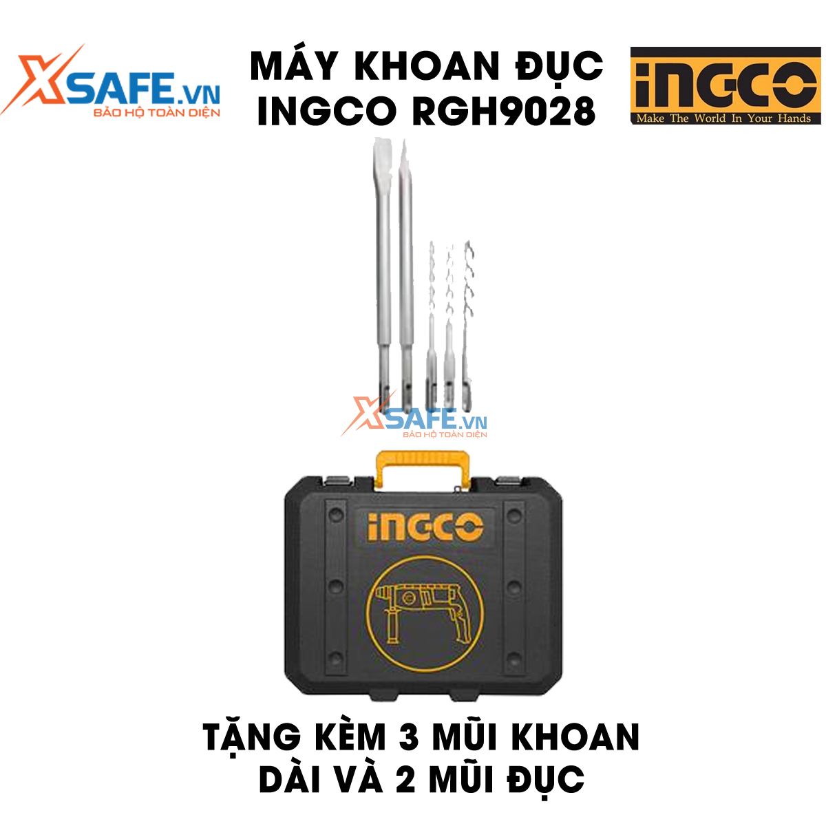 Máy khoan cầm tay 3 chức năng 800w Ingco RGH9028 đầu gài sds plus, tốc độ 1200rpm, tốc độ búa 5300bpm, lực đập 2.5j, khoan bê tông 26mm, khoan sắt 13mm, gỗ 30mm, kèm 3 mũi khoan bê tông, 2 mũi đục Máy khoan đục bê tông