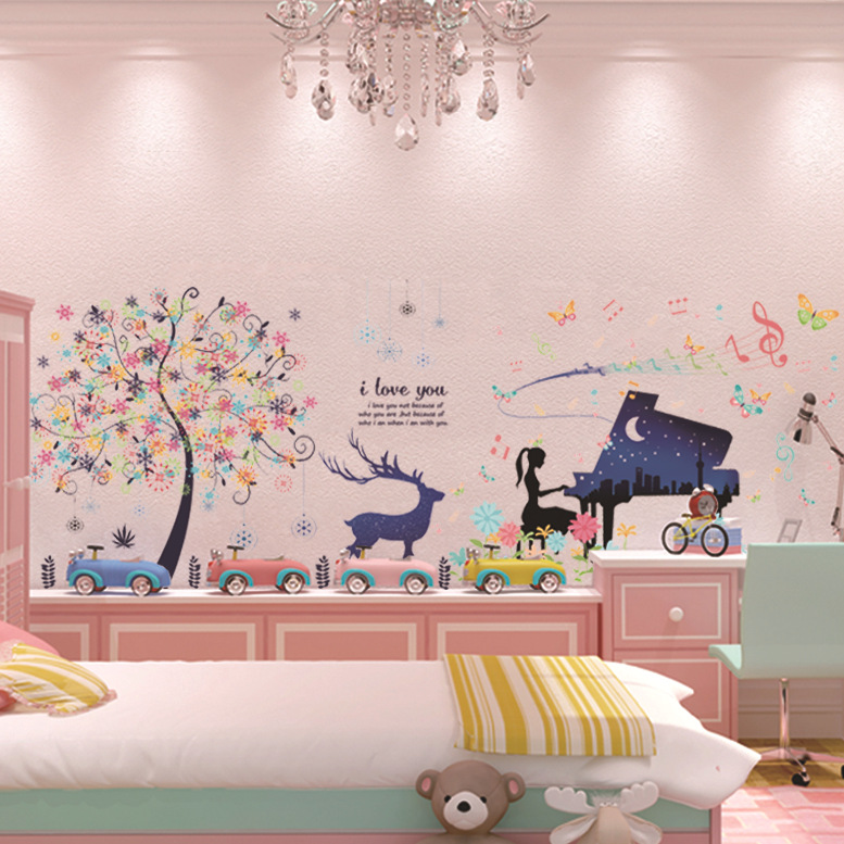 [HCM]DECAL DÁN TƯỜNG HOA 5 CÁNH TÍM VÀ CÔ BÉ ĐÁNH ĐÀN