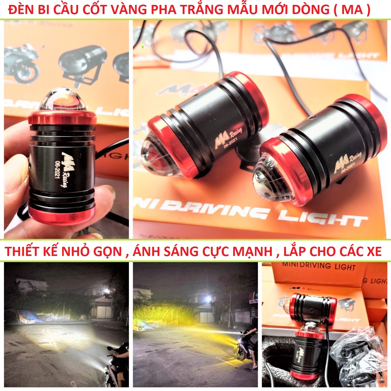 ĐÈN TRỢ SÁNG MINI XE MÁY 2 CHẾ ĐỘ CỐT VÀNG PHA TRẮNG VIỀN ĐỎ  SIÊU SÁNG