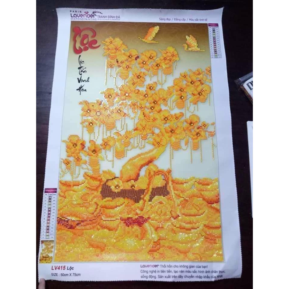 Tranh đính đá LỘC cây tiền vàng kích thước 50x75cm