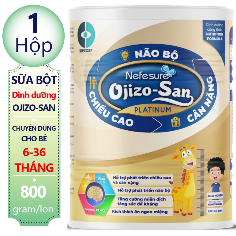 Sữa cho trẻ từ 6 đến 36 tháng Nefesure OJIZO – SAN PLATINUM 800gr giúp bé tăng cường hệ miễn dịch, phát triễn não bộ nhờ DHA, Choline, Omega 3 6 9 và nhiều dưỡng chất khác