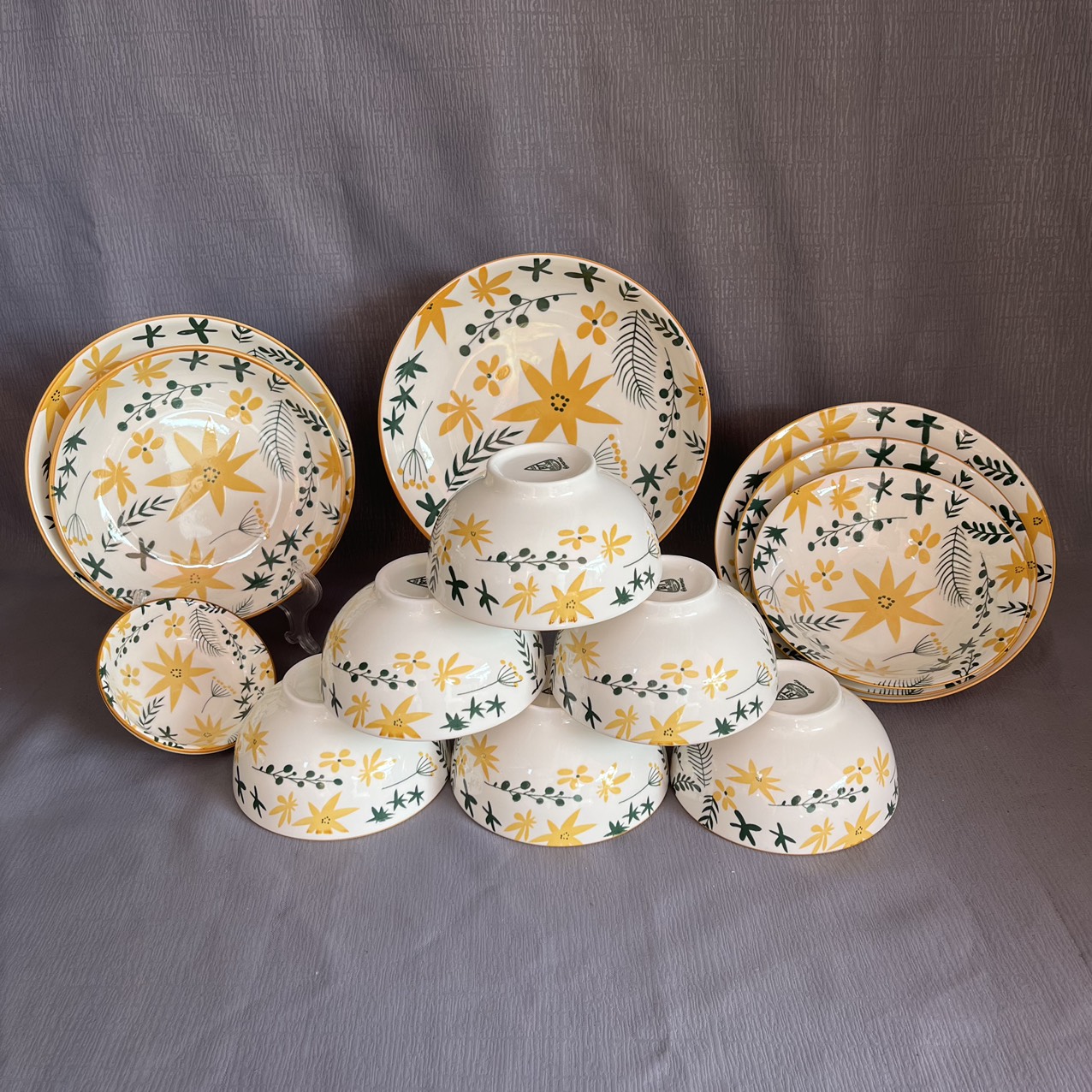 BỘ 13 món TÔ CHÉN DĨA SAO BIỂN gốm sứ (Trọn bộ gồm 6 chén cơm, 3 size dĩa, tô loe 3 size, 1 dĩa tương)