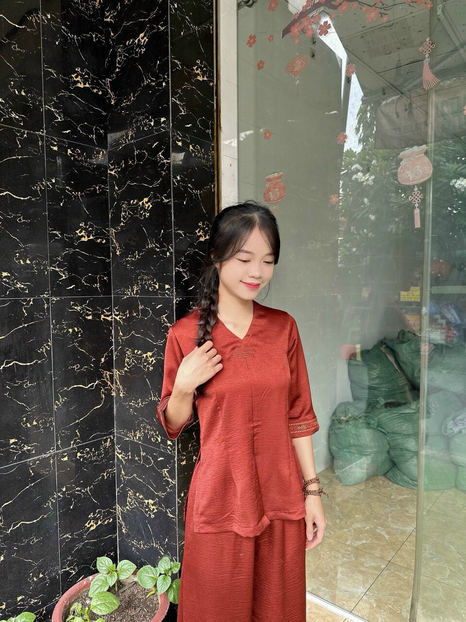 Đồ Lam Đi Chùa # Bộ Lua Cổ Tim Trơn # Quần Áo Nữ