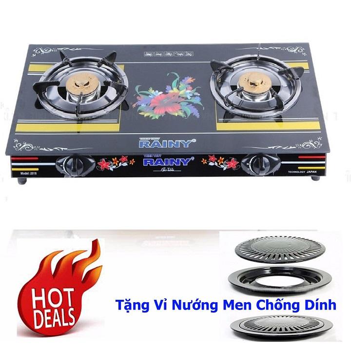 Bếp gas đôi chén nhôm rainy + tặng vĩ nướng chống dính