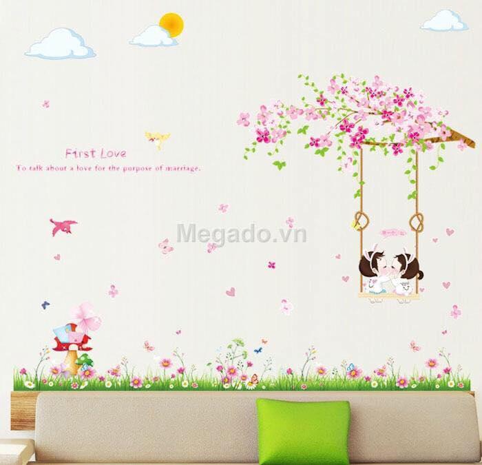 Decal  dán chân tường mẫu hoa kèm cây