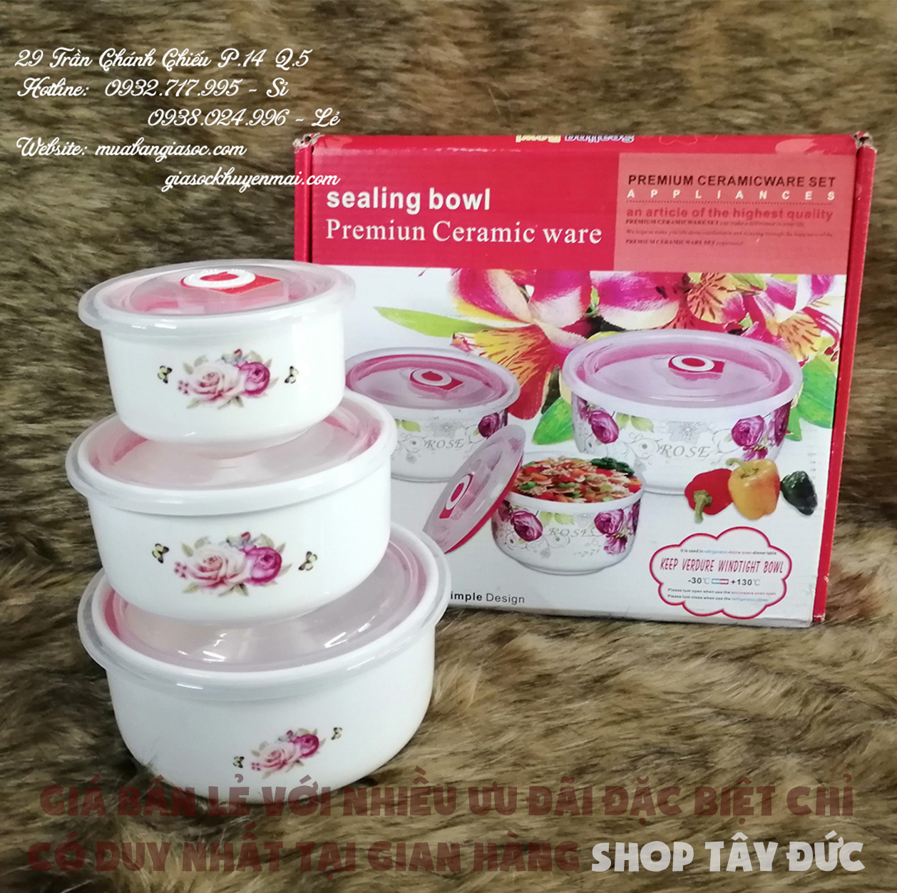 Bộ thố sứ cao cấp 3 món có nắp hút chân không