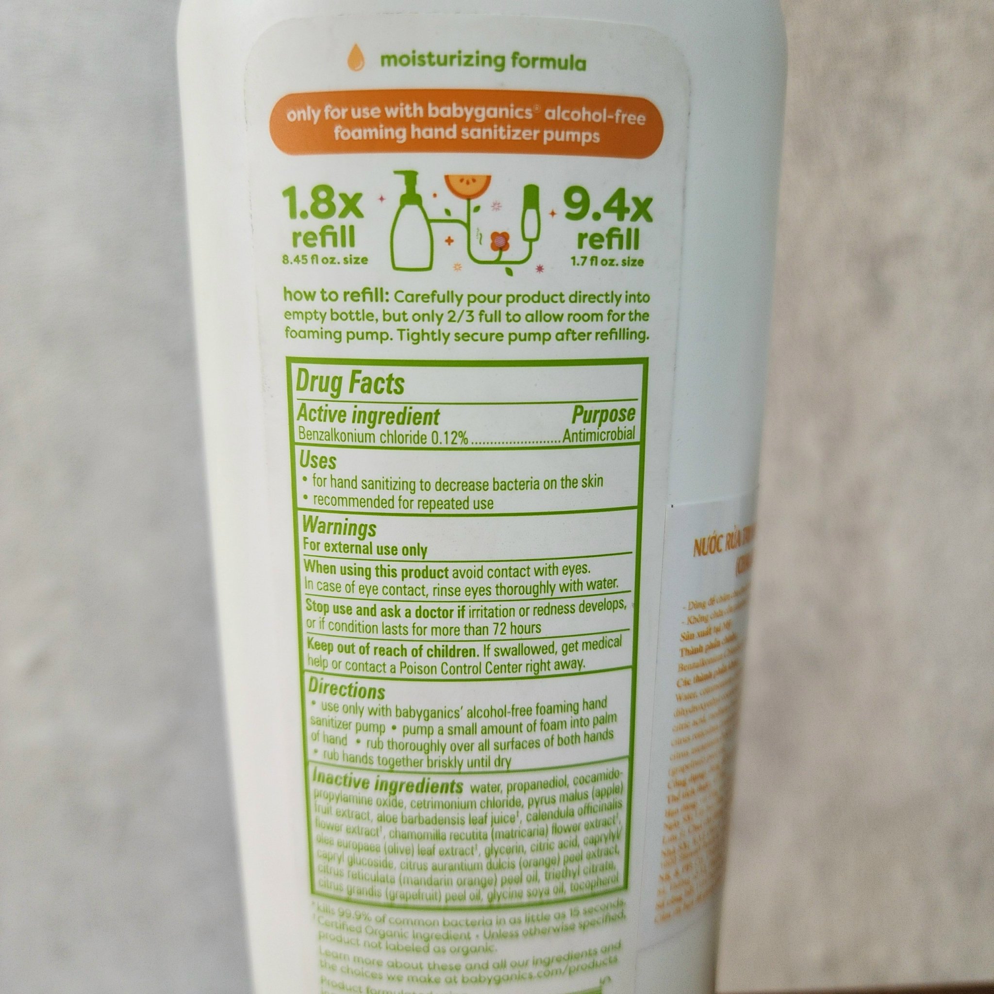 [HCM] Nước rửa tay khô dành cho em bé Babyganics refill 473ml