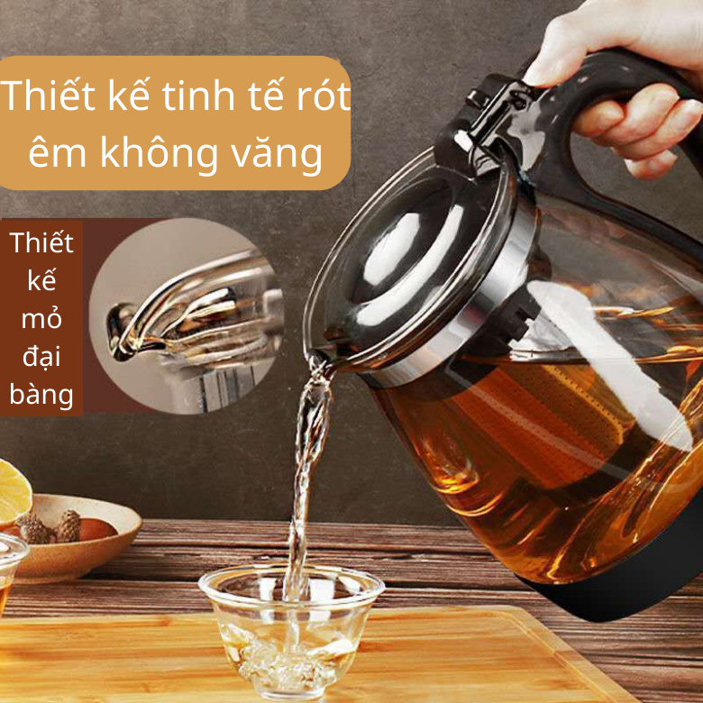 Bình pha trà thuỷ tinh có lõi lọc dung tích 1500ml , bình nước thủy tinh có lõi lọc trà inox nắp đậy và quai cầm chống nóng cao cấp