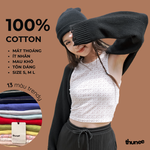 (nhiều màu) THUNEE Áo thun gân cotton ba lỗ nữ