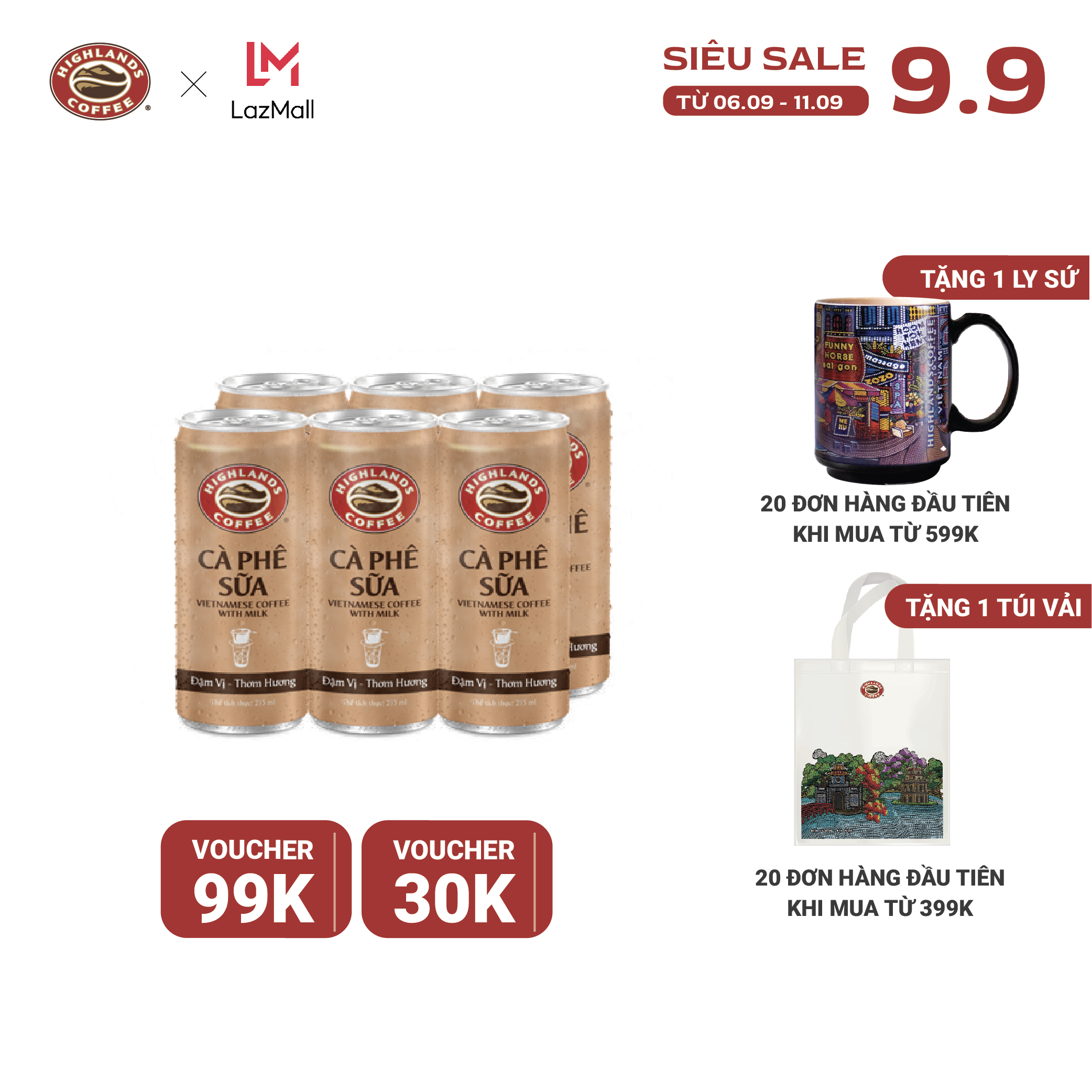 Lốc 6 lon cà phê sữa đá Highlands Coffee (185ml/lon)