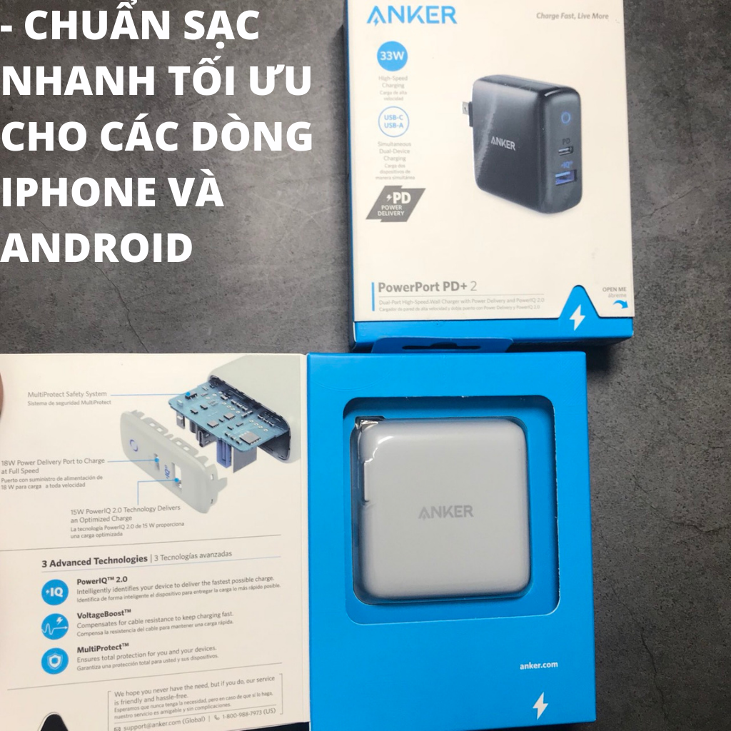 Củ sạc anker A2626 sạc nhanh cho IPhone IPad Android PowerPort Pd+2 33w  Usb-c PD PowerIQ 2.0 - halustore