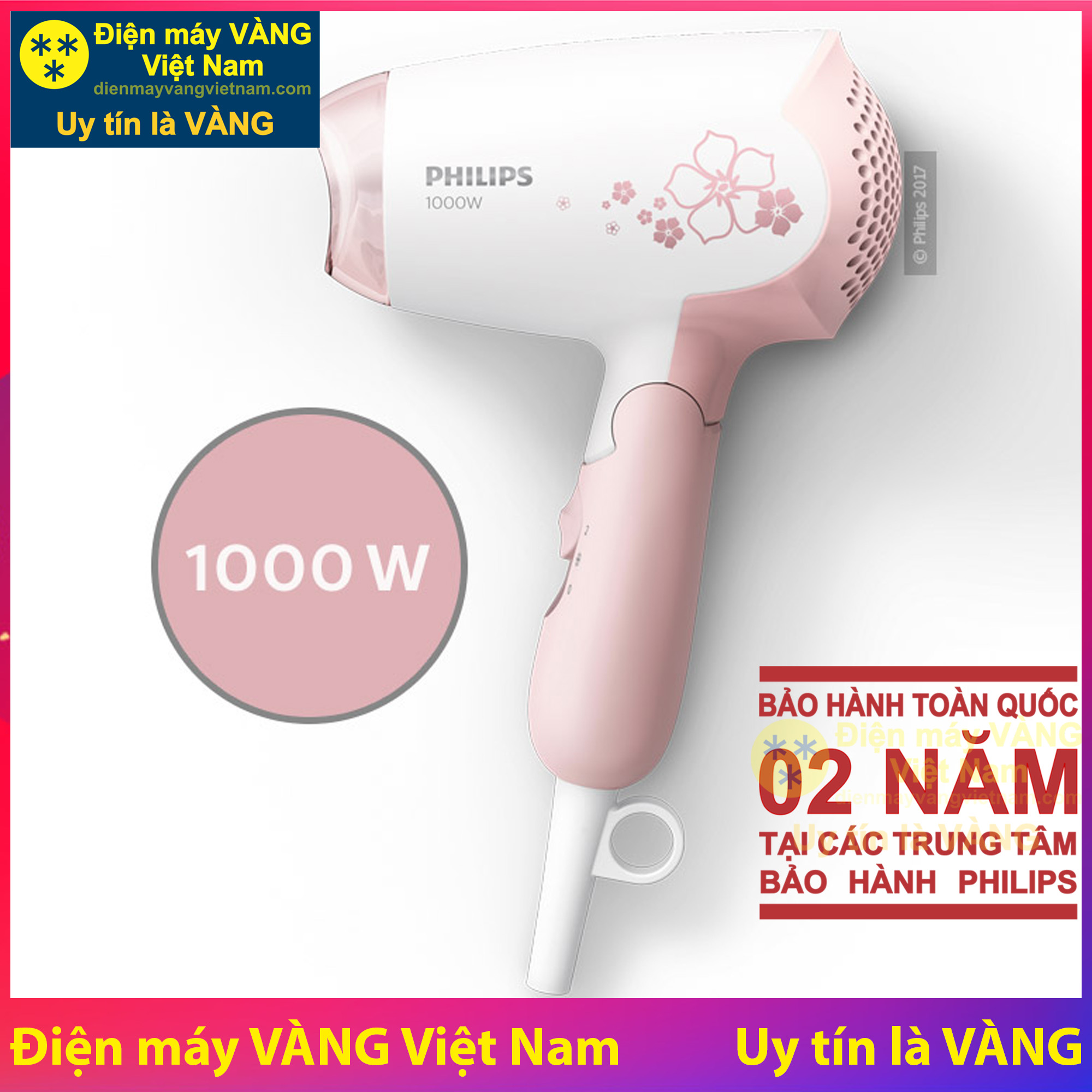 Máy sấy tóc du lịch cao cấp Philips HP8108 (Hồng) - Hàng chính hãng (Bảo hành 2 năm tại các Trung tâm bảo hành Philips trên toàn quốc)