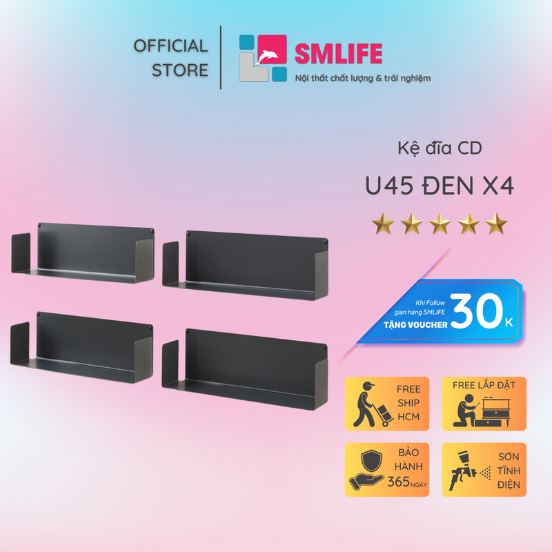 Kệ đĩa CD chữ U 45 - Kệ treo tường bằng thép dày 1,6mm - Sơn tĩnh điện màu Trắng/ Đen hiện đại - Tặng kèm bộ ốc vít và đầu bịt ốc